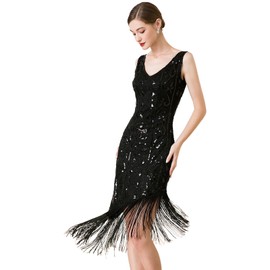 RZTA Women Flapper Dresses 1920s V Neck Beaded Fringed Great Gatsby Club & Night Out Dresses 02A Black Medium