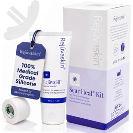 Rejuvaskin Kit para cicatrizar cicatrices mamarias: suaviza, aplana, reduce y recupera, láminas de silicona, gel RejuvaSil y cinta médica, par de prótesis mamarias.