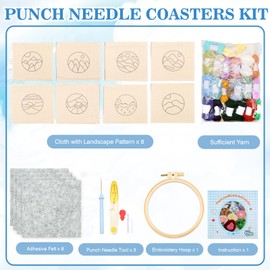 Scettar 8 Pcs Punch Needle Embroidery Kit,DIY Punch Needle Coasters Craft Set with Tools,Patterns,Yarns,Hoop and Instruction,Perfect Decoration and Gifts for Beginners Kids Adults