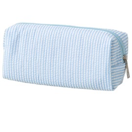HFHungkeong Cute Pencil Case, Seersucker Pencil Bag Desktop Stationery Finishing Large Capacity Embroidery Striped Travel Storage Bag, Multifunctional Cosmetic Pouch(Light Blue)