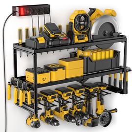 Amoowis Power Tool Organizer with 4 Outlets Power Strip, Battery Tools Holder with Charging Station Shelf, Utility Racks Shelf with 6 Drill Holder Wall Mount, Suitable for Garage/Workshop/Pegboard