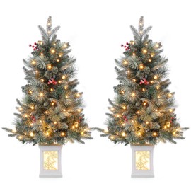 LUNSY 2 Pack 3FT Faux Frost Christmas Tree with Snowflake Light Box Base with 70PCS UL Listed 8 Mode Warm White Light Beads, Red Berry for Front Door, Porch, Entryway, Fireside Christmas Decoration