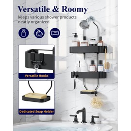 Kitsure Shower Caddy Hanging - No-Drill Bathroom Organizers and Storage, Wobble-Free Bathroom Shelves with Adhesive Tapes, Rust-Proof Shower Storage for Toiletries, Black, 25.0" H