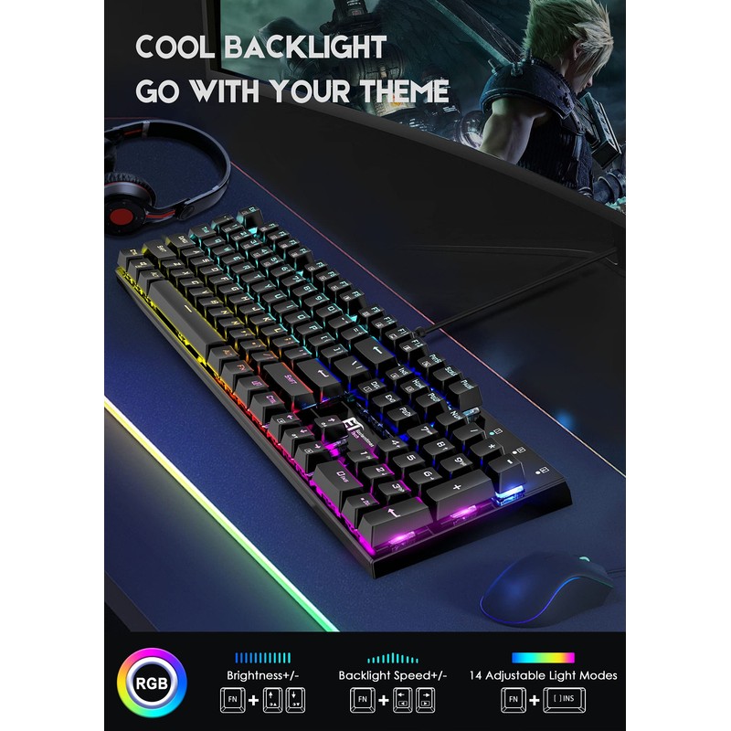 TDT Mechanical Gaming Keyboard,Wired 104 Keys RGB Keyboard with Blue