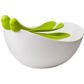 Qualy 9984 Sparrow Salad Bowl with Salad Servers, White/Green, 23.5 x 30 x 15.6 cm