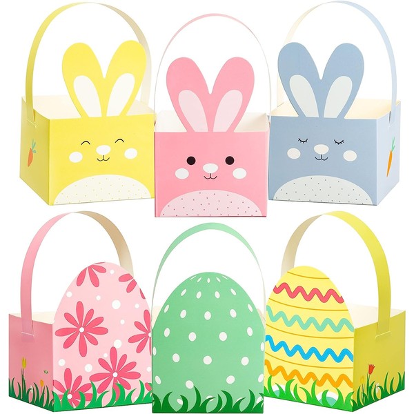 W1cwey 24pcs Treat Boxes 6 Design Colorful Rabbit Egg Shape Gifts Box Candy Cookie Goodie Holder Container with Handle for Kids School Party Favor Decoration
