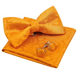 Alizeal Mens Handmade Paisley Pre-tied Bow Tie, Pocket Square and Cufflinks Set, Orange