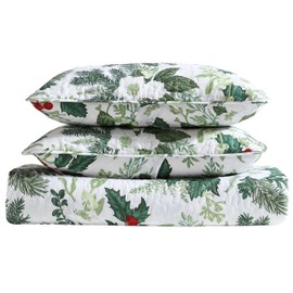 Beatrice Home Fashions Lightweight Full/Queen Holiday Quilt Bedding Set Green Bouquet, Holly Berry, Green, White, Red