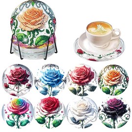 Diamond Art Coasters Kit for Adults, 8 Pcs Rose Diamond Painting Coasters Kit with Holder, DIY Non Slip Diamond Coaster Art Supplies for Beginners 4x4in