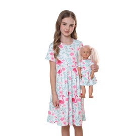 Bow Dream Girls Cute Pattern Dress and Matching American Girl Doll Clothes Accessories for Girls Flamingo Size 110