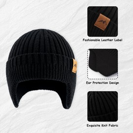 WATAME Infant Toddler Winter Hat with Earflap Thick Warm Baby Beanie Soft Knit Kids Beanies Boys Girls Hats Outdoor (CA/US, Alpha, Small, Black)