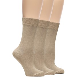 HUGH UGOLI Womens Soft Bamboo Dress Socks, Thin Crew Socks for Business, Trouser & Casual, Non-Binding & Breathable, 3 Pairs, Dark Beige, Shoe Size: 6-9