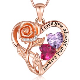 925 Sterling Silver Double Birthstone Rose Flower Heart Jewelry Necklaces for Women Anniversary Love Necklace for Her Birthday Gifts for Wife Girlfriend Mom Valentines Day Rose Gold 02 07