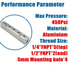 Qolekog Quality 5 Way 7 Port Air Manifold 1/2" NPT Supply Port 1/4" NPT Outport With Mounting Hole Aluminum Silver 1Pcs