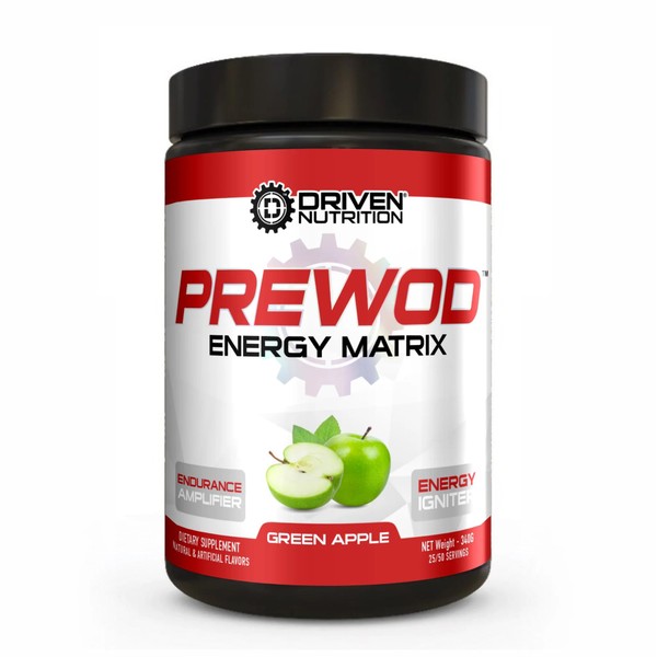 Driven PREWOD Energy Matrix, 50 Servings - Pre-Workout Supplement with Caffeine & Beta-Alanine - Energy, Focus, Strength, & Endurance for High-Intensity Training & Weight Lifting - Green Apple