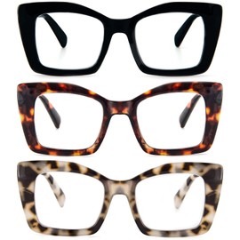 REAVEE 3 Pack Oversized Square Reading Glasses Oprah Style for Women, Blue Light Blocking Large Frame Computer Designer Fashion Readers with Spring Hinge (Black/Tortoise/Grey Tortoise,2.0)