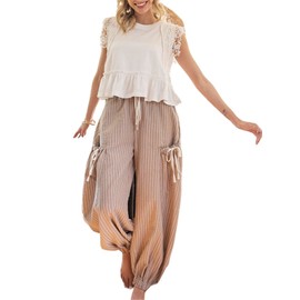 Bellesumyee Womens Harem Jogger Pants Striped Drawstring Loose Fit Wide Leg Low Waist Comfy Casual with Pockets(0007-Khaki-L)