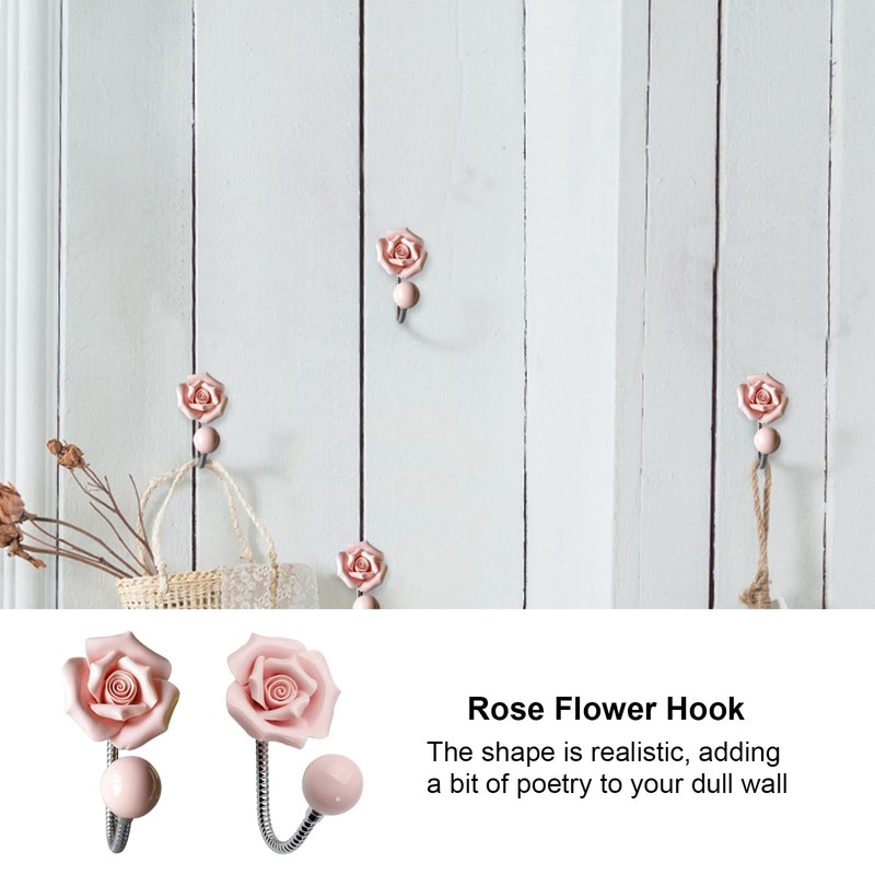 MOROBOR Pink Flower Ceramic Wall Coat Hook 3D Rose Shape
