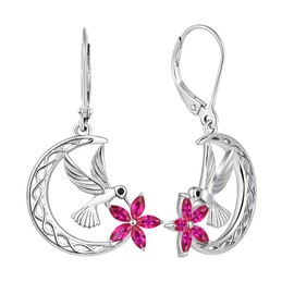 YL Hummingbird Earrings Sterling Silver Celtic Moon Flowers Dangle Drop Earrings Created Ruby Leverback Jewelry for Women