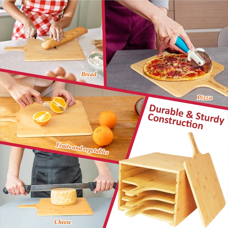 RICOJYCX Multilayer Bamboo Pizza Peel Rack, Contain 4 x 12
