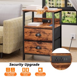 Furologee End Table with Charging Station, Nightstand with Fabric Drawers, Side Table with USB Ports & Outlets, Night Stand with Storage Shelf & Hooks, for Living Room/Bedroom, Rustic Brown