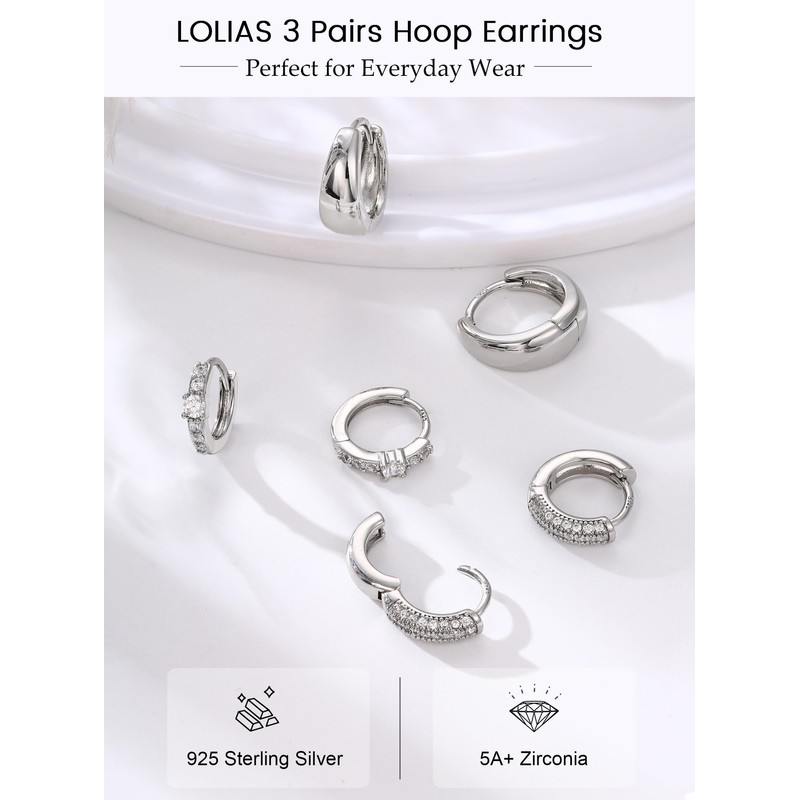 LOLIAS 3 Pairs Sterling Silver Hoop Earrings for Women Hypoallergenic