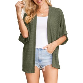 STYLEWORD 2024 Women's Summer Cardigan Lightweight Short Sleeve Beach Cover Up Kimonos Open Front Casual Sweater(Army Green,Small)