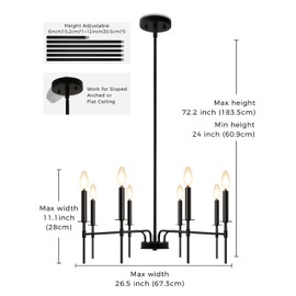 DORESshop 8-Light Black Modern Chandelier for Dining Room, 26" Metal Dining Room Light Fixtures Over Table, Adjustable Hanging Farmhouse Candle Chandelier for Bedroom Kitchen Island Living Room E12
