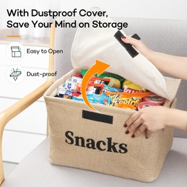 Snack Storage Baskets Bins with Lids for Pantry Shelves, 2 Pack Burlap Collapsible Storage Bins Snack Organizer Baskets with Metal Frame, Fabric Farmhouse Storage Bins for Kitchen Counter Cabinet