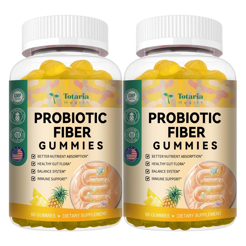 Totaria Probiotic Fiber Gummies, Pineapple Flavor, 60 Gummies per Bottle,