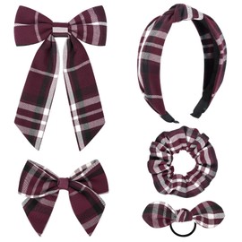 DEEKA DEEKA 5 Styles Uniform Plaid Long Tail Hair Bows Knotted Headband Scrunchies Bow Set Alligator Clips Back to School Accessories for Toddler Little School Girls (Burgundy 5 Styles)