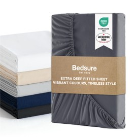 Bedsure Double Fitted Sheet Deep - Bed Sheets Extra Deep Pocket 16 Inches (40 cm), Soft Brushed Polyester Microfiber Material for Double Bed, Dark Grey, 135x190cm