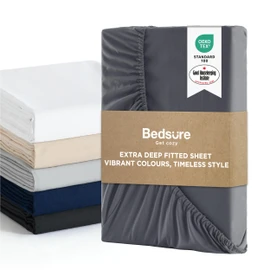 Bedsure Double Fitted Sheet Deep - Bed Sheets Extra Deep Pocket 16 Inches (40 cm), Soft Brushed Polyester Microfiber Material for Double Bed, Dark Grey, 135x190cm