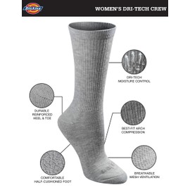 Dickies Women's Dri-Tech Essential Moisture Control Crew Socks, Available in S-XL (6, 12, Grey Solid (6 Pairs), Medium