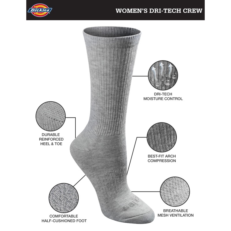 Dickies Women's Dri-Tech Essential Moisture Control Crew Socks, Available in