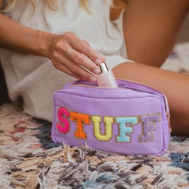 Fablinks Preppy Pouch, Chenille Varsity Letter Stuff Bag, Purple STUFF Nylon Skin Care Patch Bags Organizer, Travel Make Up Skincare Cosmetic Zipper Bags for Women