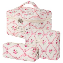 Everfunny 3 Pcs Cotton Quilted Makeup Bag Set, Floral Cotton Cosmetic Bag, Aesthetic Toiletry Travel Organizer Bag for Women Girls (Pink Bow)