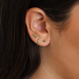 ADVIOK 3 Pairs Gold Earrings Set for Women, Stud Earrings Green AAA Cubic Zirconia Hoops Emerald Hoop Sterling Silver 925 Gold Plated for Ladies Girls