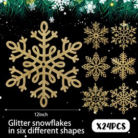 Large Snowflakes Ornaments 12" Glitter Plastic Snowflake Decorations Giant Winter Christmas Hanging Decor Oversized Snow Flakes Ornaments for Indoor Outdoor Decor (Gold,36 Pack)