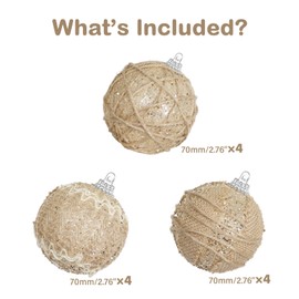 XmasExp Farmhouse Christmas Ball Ornaments Set-70mm/2.76" Shatterproof Rustic Xmas Tree Hanging Decoration (12 Counts,Beige & Champagne)