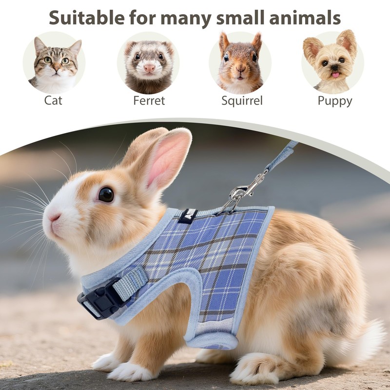 AIITLE Breathable Rabbit Harness and Leash Set - Plaid Pattern