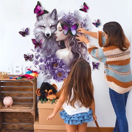 Purple Wolf Girl 3D Butterfly Wall Stickers, sacinora Creative Cold Beauty Wall Decals Removable Vinyl Peel and Stick for Kids Baby Girl Nursery Bedroom Art Home Decorations