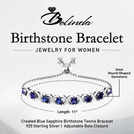 Belinda Jewelz - Birthstone Bangle Bracelet, Birthstone Bracelets for Women with 8 Round Stones, 925 Sterling Silver Adjustable Bracelet, Sapphire Bracelet with Bolo Closure, 11”