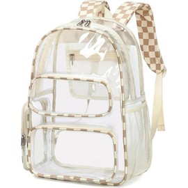 Clear Backpack Heavy Duty Transparent Bag 17" See Through BookBag for Women Men Adults Work Festival Sports Travel Durable - Color: Brown White Check