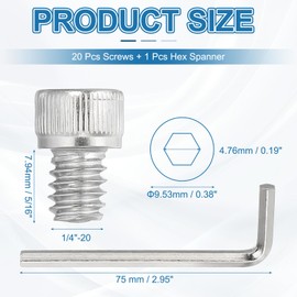 PATIKIL 1/4"-20 x 5/16" Socket Head Screws Cap Bolt, 20Pcs 304 Stainless Steel Hexagon Socket Screws with Hex Wrenches Full Thread for Road Bicycle Mountain Bike Auto Motorcycle, Silver