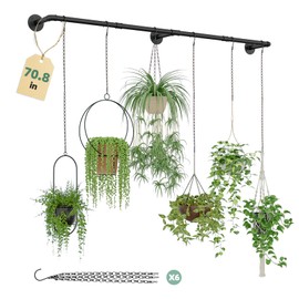 Galood Plant Hanger Indoor with 6 Hanging Chains Hanging Planters for Indoor Plants Hanging Plant Holder Window Plant Rod Black Metal Shelves(70.8 Inch Pot not Included