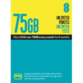 EE 75GB Data Sim includes £15 pre-paid credit, 75GB Data, Unlimited Minutes & Unlimited Texts