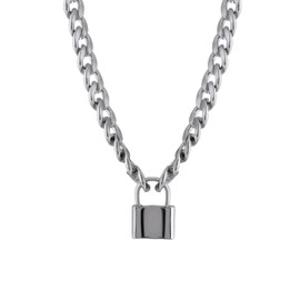HAQUIL Lock Stainless Steel Necklace Lock Pendant Necklace Statement Long Chain Punk Jewelry for Men Women, Stainless Steel, No Gemstone