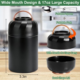 Juome Thermo for Hot Food, 18oz Soup Thermo Lunch Box for Adults, Insulated Vacuum Food Jar Container with Spoon&Fork, Leak Proof Stainless Steel Wide Mouth Thermo for Hot & Cold Foods, Drinks (Black)