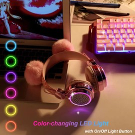 QKSHZHZQ Kids Headphones Wireless Bluetooth 5.3 Colorful LED Lights Over-Ear 85dB Volume Limited Girls Headphones for Children/Teens/Gift/School/Tablet/Travel (Pink)